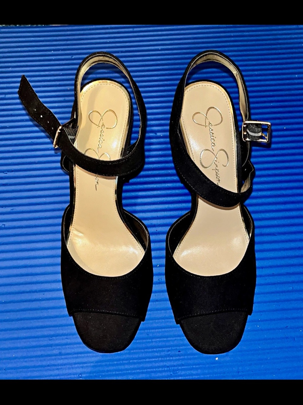 Jessica Simpson Women's Black Suede Ankle Strap Buckle Open Toe Block Heel 9M